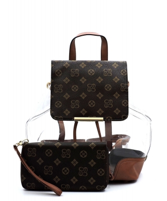 Monogram Print Clear Backpack Wallet Set CS2667T BROWN/TAN